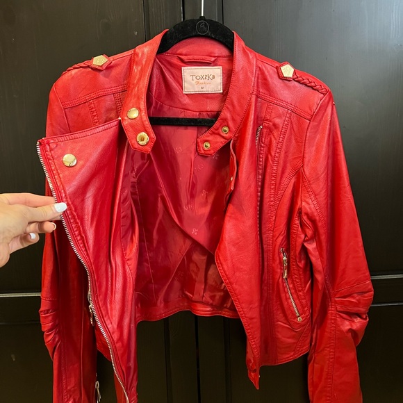 womens red faux leather biker jacket toxik fashion size medium - Picture 12 of 16